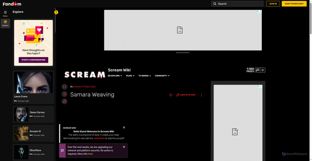 Security scan screenshot of https://scream.fandom.com/wiki/Samara_Weaving