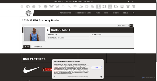 Security scan screenshot of https://nikeeyblscholastic.com/sports/mbball/img/roster/darius-acuff/321