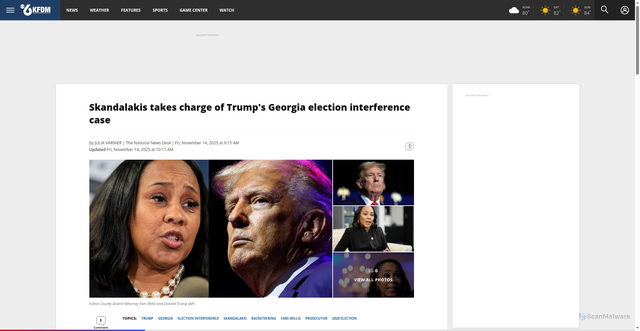 Security scan screenshot of https://kfdm.com/news/nation-world/donald-trump-georgia-case-fulton-county-district-attorney-fani-willis-racketeering-indictment-peter-skandalakis