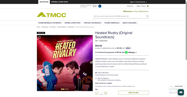 Security scan screenshot of https://tmcc.bncollege.com/Trade-Books/Non-Fiction/Recorded-Music/Soundtracks/Heated-Rivalry-Original-Soundtrack/p/726927420