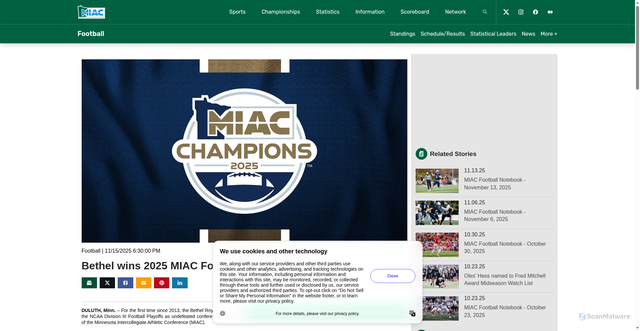 Security scan screenshot of https://miacathletics.com/news/2025/11/15/bethel-wins-2025-miac-football-championship.aspx