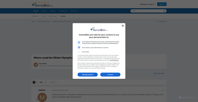 Security scan screenshot of https://www.gamesbids.com/forums/topic/23479-where-could-the-winter-olympics-be-held/