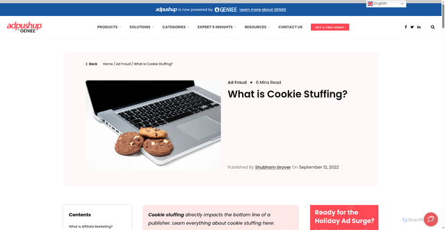 Security scan screenshot of https://www.adpushup.com/blog/cookie-stuffing-a-nightmare-for-affiliate-publishers/