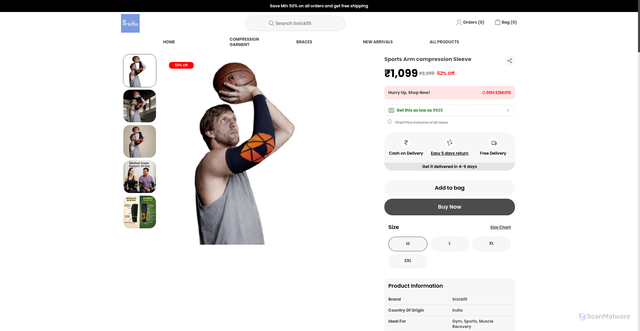 Security scan screenshot of https://snickfit.store/Sports-Arm-compression-Sleeve/catalogue/0ELbuugO/nPO2miHl