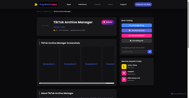 Security scan screenshot of https://kaywat-codes.pages.dev/views/tiktok-archive-manager.html