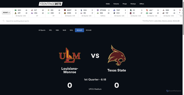 Security scan screenshot of https://scores.frontpagebets.com/ncaaf/games/591687