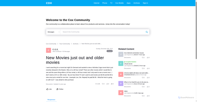 Security scan screenshot of https://forums.cox.com/conversations/archives/new-movies-just-out-and-older-movies/6874fde9f7d738f198f70091