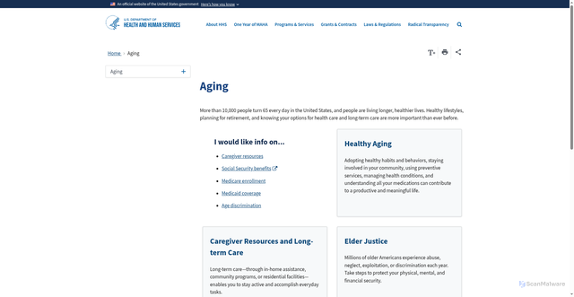 Security scan screenshot of https://www.hhs.gov/aging
