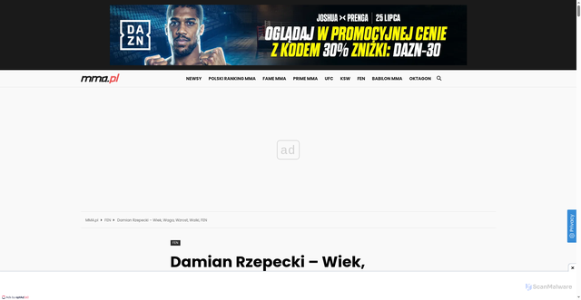 Security scan screenshot of https://mma.pl/damian-rzepecki-wiek-waga-wzrost-walki-fen/