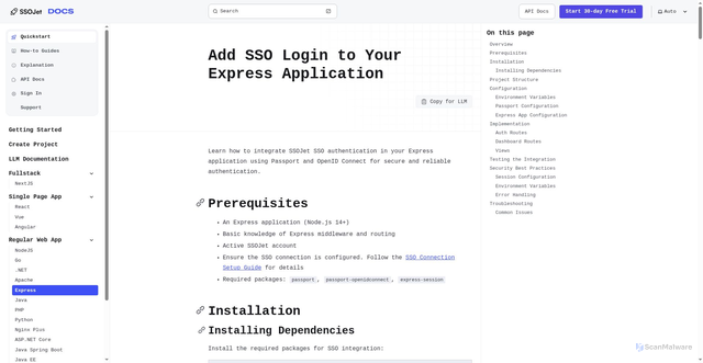 Security scan screenshot of https://ssojet-docs.pages.dev/en/sso/quickstart/webapp/express/