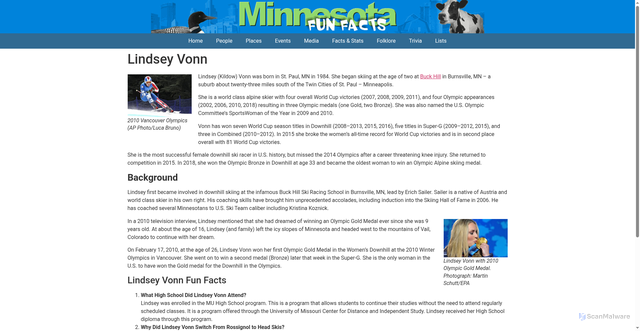 Security scan screenshot of https://www.minnesotafunfacts.com/famous-minnesotans/sports/downhill-skiing/lindsey-vonn/