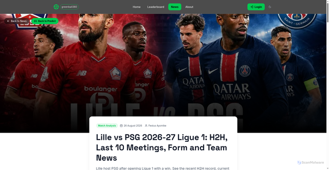 Security scan screenshot of https://www.greenball360.com/news/lille-vs-psg-2026-27-ligue-1-h2h-last-10-meetings-form-and-team-news