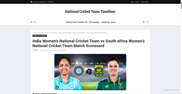 Security scan screenshot of https://nationalcricketteamtimelines.com/india-womens-national-cricket-team-vs-south-africa-womens-national-cricket-team-match-scorecard/