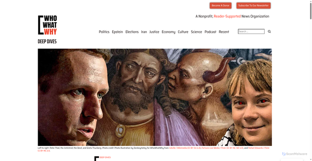 Security scan screenshot of https://whowhatwhy.org/politics/us-politics/the-church-of-silicon-peter-thiels-gospel-of-unfettered-power/