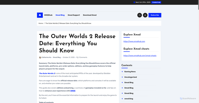 Security scan screenshot of https://www.xmodhub.com/info/xmod-blog/the-outer-worlds-2-release-date-everything-you-should-know/