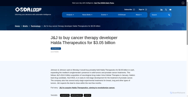 Security scan screenshot of https://oodaloop.com/briefs/technology/jj-to-buy-cancer-therapy-developer-halda-therapeutics-for-3-05-billion/