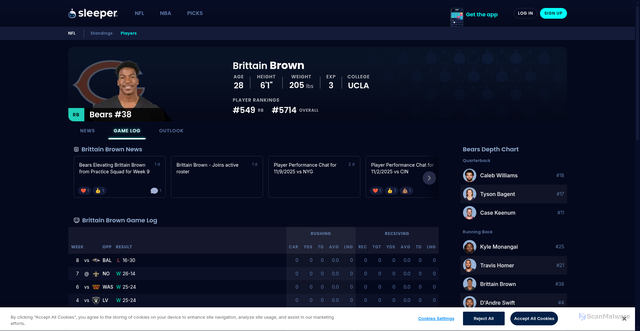 Security scan screenshot of https://sleeper.com/sports/nfl/players/brittain-brown-8423