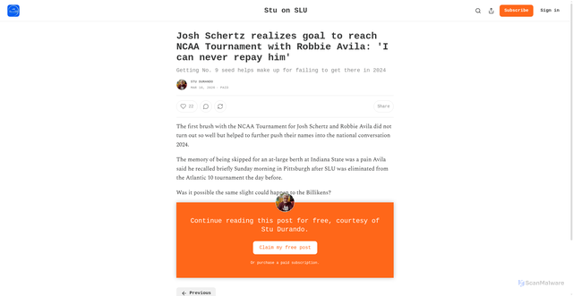 Security scan screenshot of https://stuonslu.substack.com/p/josh-schertz-realizes-goal-to-reach