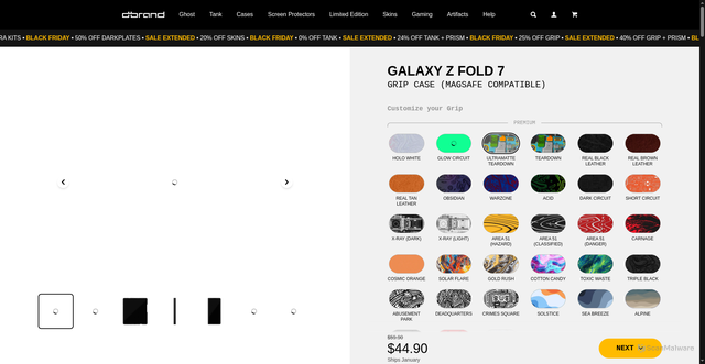 Security scan screenshot of https://dbrand.com/shop/grip/galaxy-z-fold-7-cases?srsltid=AfmBOop60KF2WQ0LP6LyJlUuv39RpUYV-1XoeCgSh2Sqec8AcryBb0QE