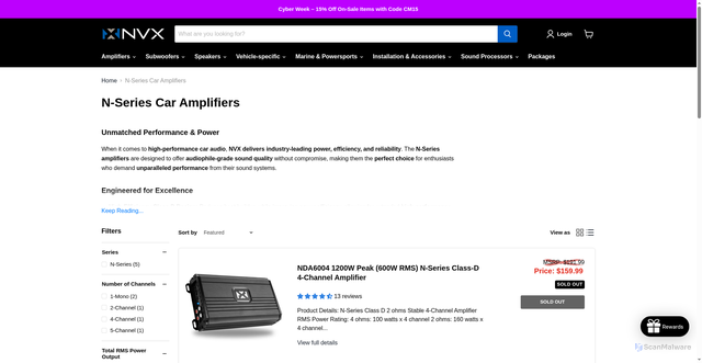 Security scan screenshot of https://olcneiowg-4.pages.dev/collections/n-series-car-amplifiers