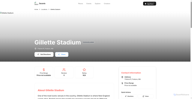 Security scan screenshot of https://sacavia.com/location/gillette-stadium