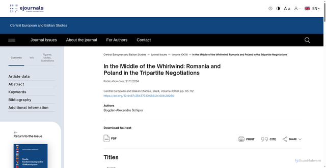 Security scan screenshot of https://ejournals.eu/en/journal/ssb/article/in-the-middle-of-the-whirlwind-romania-and-poland-in-the-tripartite-negotiations