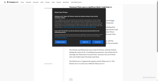 Security scan screenshot of https://titanswire.usatoday.com/story/sports/nfl/titans/2025/10/13/tennessee-titans-open-week-7-underdogs-patriots-ex-coach-mike-vrabel/86672427007/