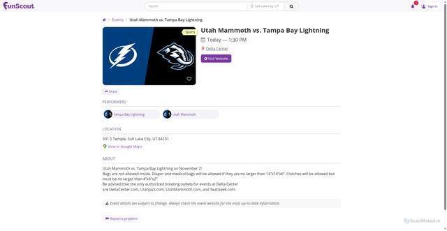 Security scan screenshot of https://funscout.com/c/ut-salt-lake-city/events/8340-utah-mammoth-vs-tampa-bay-lightning