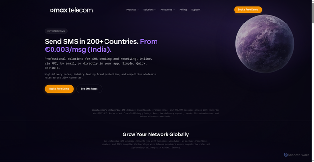 Security scan screenshot of https://omaxtelecom-web.pages.dev/products/enterprise-sms/