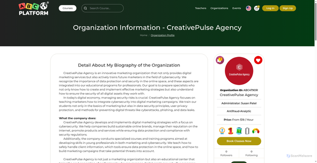 Security scan screenshot of https://abcplatform.com/organizations/profile/ABC479OR/CreativePulse-Agency