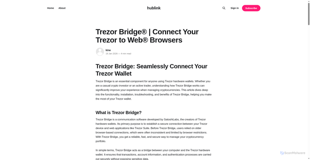 Security scan screenshot of https://hublink.ghost.io/trezor-bridge-en/