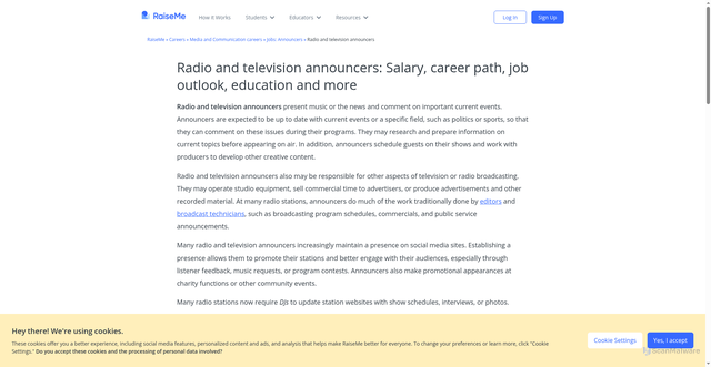 Security scan screenshot of https://www.raise.me/careers/media-and-communication/announcers/radio-and-television-announcers/
