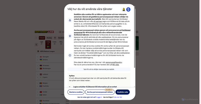 Security scan screenshot of https://sportbladet-live.aftonbladet.se/fotboll/cura%C3%A7ao-nicaragua/765260/rapport
