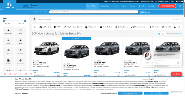 Security scan screenshot of https://www.hondabronx.com/new-vehicles/?srsltid=AfmBOopUjiidvSexmD9s5TIDw93o2IB-TtVwAJjS7bzLtELcTj6SnXRH
