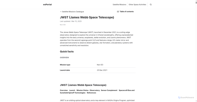 Security scan screenshot of https://www.eoportal.org/satellite-missions/jwst
