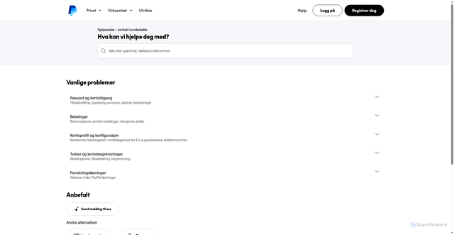 Security scan screenshot of https://www.paypal.com/no/cshelp/contact-us?locale.x=no_NO&v=1&utm_source=unp&utm_medium=email&utm_campaign=RT002668&utm_unptid=57a3e51b-656f-11f1-974e-f9fd81e766af&ppid=RT002668&cnac=NO&rsta=no_NO(nb-NO)&unptid=57a3e51b-656f-11f1-974e-f9fd81e766af&calc=db08ead0fda31&unp_tpcid=legal-tickler-notifications&page=main:email:RT002668&pgrp=main:email&e=cl&mchn=em&s=ci&mail=sys&appVersion=1.417.0&tenant_name=PayPal&xt=175543104038180658&xe=114002101255114543&link_ref=smarthelp_contact-us