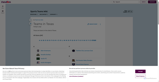Security scan screenshot of https://sports-teams.fandom.com/wiki/Category:Teams_in_Texas