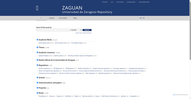 Security scan screenshot of https://zaguan.unizar.es