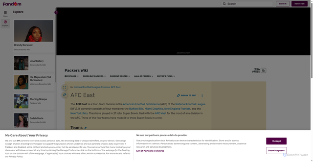 Security scan screenshot of https://packers.fandom.com/wiki/AFC_East