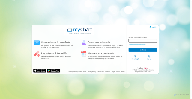 Security scan screenshot of https://mychart.capefearvalley.com