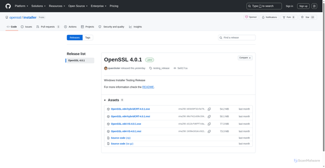 Security scan screenshot of https://github.com/openssl/installer/releases