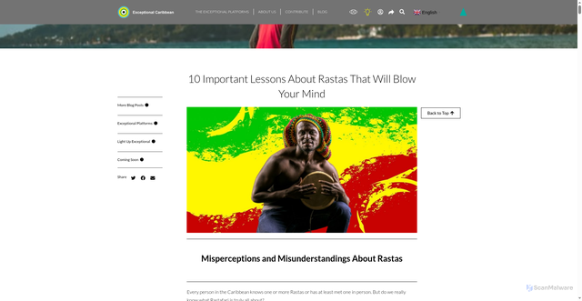 Security scan screenshot of https://exceptionalcaribbean.com/2021/05/28/10-important-lessons-about-rastas-that-will-blow-your-mind/