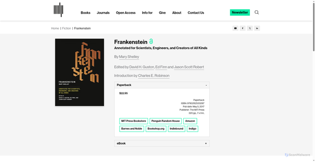 Security scan screenshot of https://mitpress.mit.edu/9780262533287/frankenstein/