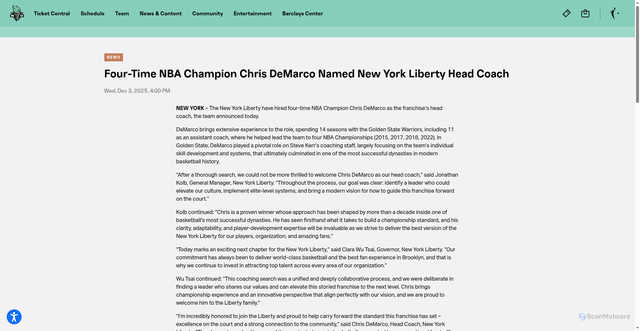 Security scan screenshot of https://liberty.wnba.com/news/four-time-nba-champion-chris-demarco-named-new-york-liberty-head-coach