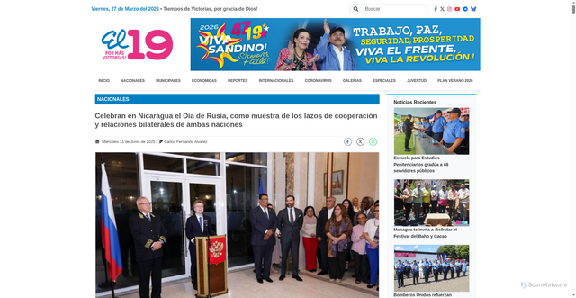 Security scan screenshot of https://www.el19digital.com/articulos/ver/165149-celebran-en-nicaragua-el-dia-de-rusia-como-muestra-de-los-lazos-de-cooperacion-y-relaciones-bilaterales-de-ambas-naciones