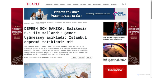 Security scan screenshot of https://istanbulticaretgazetesi.com/deprem-son-dakika-balikesir-61-ile-sallandi-sener-usumezsoy-acikladi-istanbul-depremi-tetiklenir-mi
