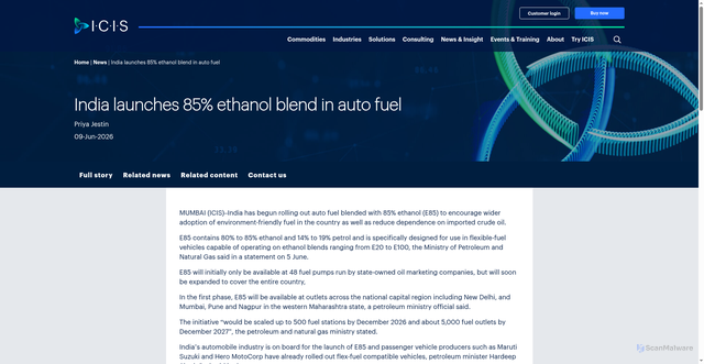 Security scan screenshot of https://www.icis.com/explore/resources/news/2026/06/09/11215488/india-launches-85-ethanol-blend-in-auto-fuel