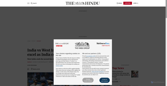 Security scan screenshot of https://www.thehindu.com/sport/cricket/india-vs-west-indies-second-test-match-day-2-shubman-gill-updates/article70151170.ece