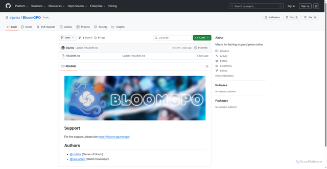 Security scan screenshot of https://github.com/injuriez/BloomGPO