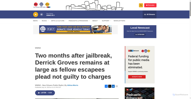 Security scan screenshot of https://www.wwno.org/wwno/2025-07-24/two-months-after-jailbreak-derrick-groves-remains-at-large-as-fellow-escapees-plead-not-guilty-to-charges